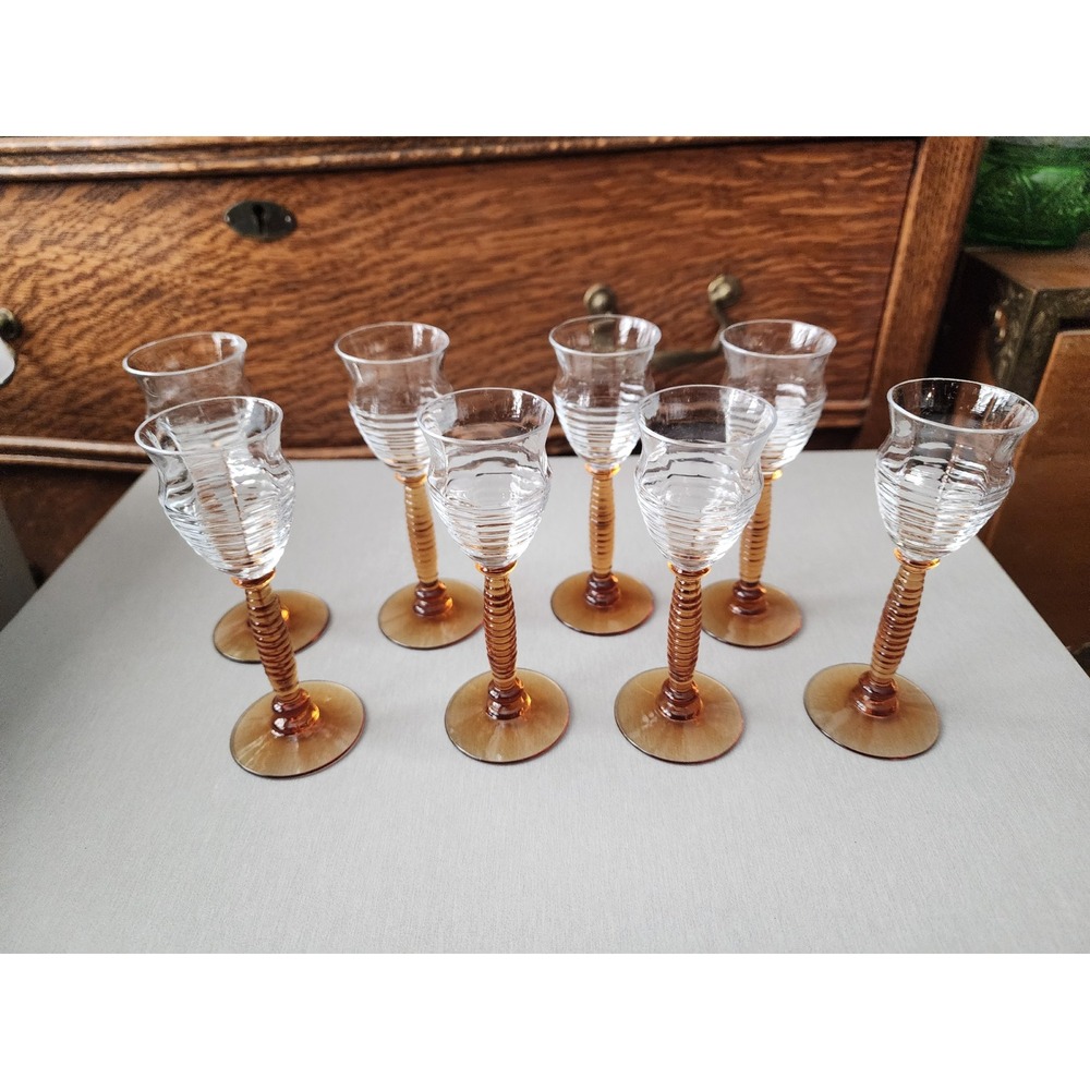 Vintage Clear Ribbed Cordial Glasses with Amber Spiral Stems